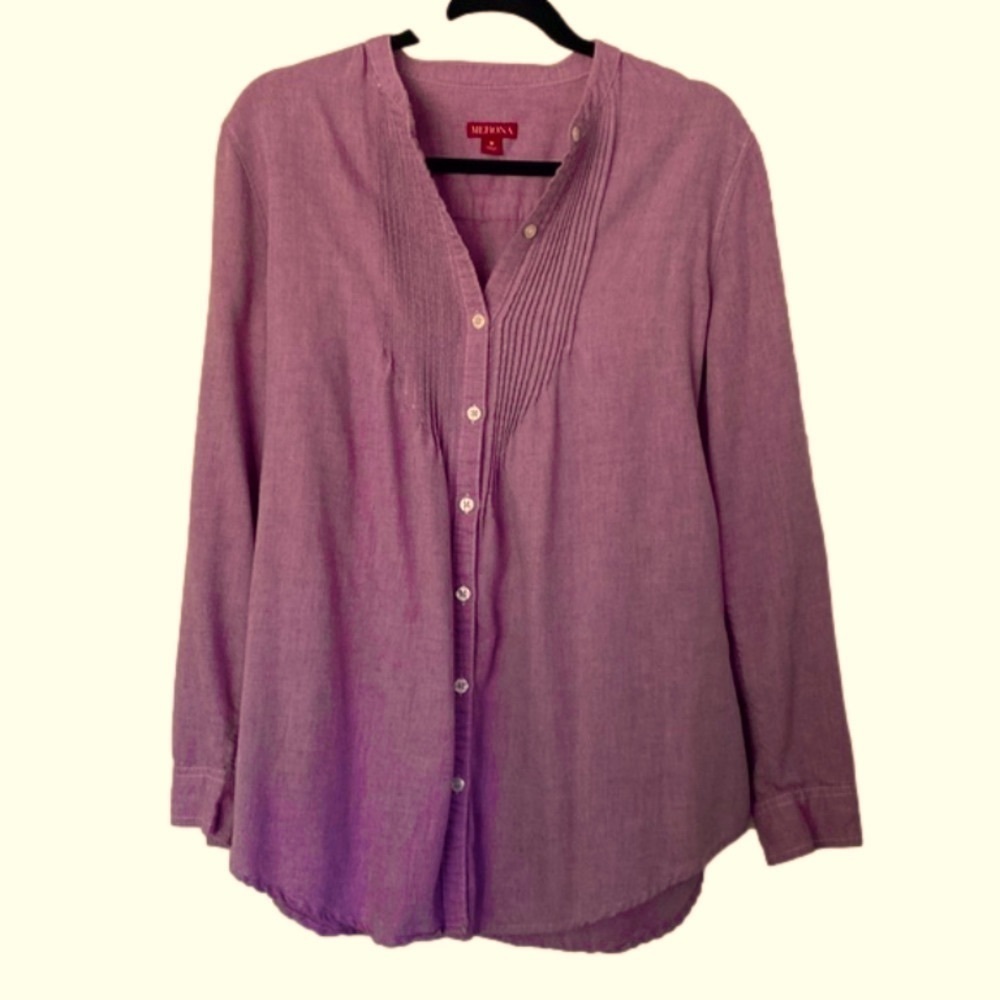 Burgundy Pin Tuck Tunic Top High Button Roll Up Sleeve Collarless Blouse EUC